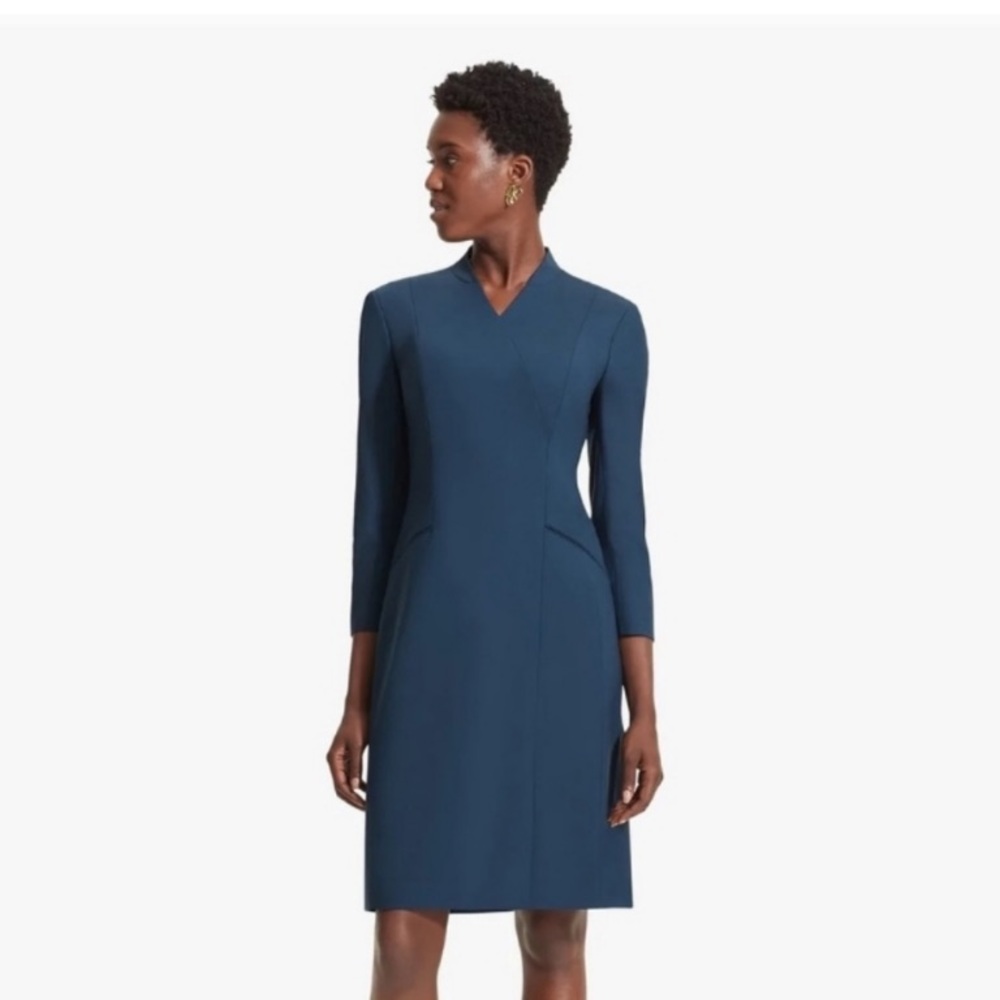 M.M. LaFleur The Olivia Tropical Wool Twilight Blue 3/4 Sleeve Knee Length Dress